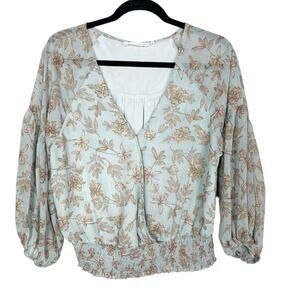 All in Favor Medium M Aqua Mint Blue Cream Floral Print Wrap 3/4 Sleeve Blouse